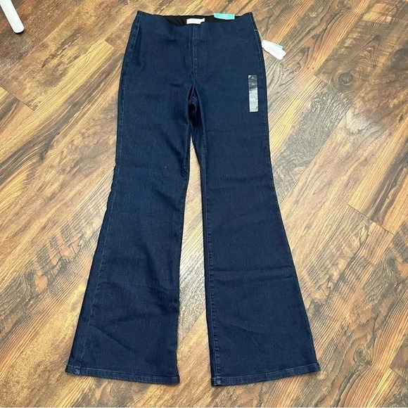 NWT Maurices Womens Large/Long Blue Dark Wash Stretchy Denim Flare Pants - Picture 1 of 7